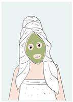 meisje na het baden gewikkeld in een handdoek en het dragen van een gezichtsmasker vector