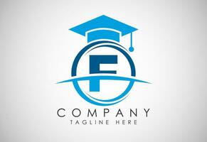 Engels alfabet f in een cirkel met onderwijs hoed. onderwijs en diploma uitreiking logo vector