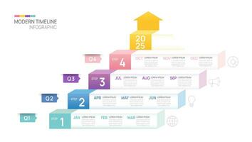 bedrijf stap tijdlijn infographic pijl sjabloon. modern mijlpaal element tijdlijn diagram kalender en 4 kwartaal onderwerpen, vector infographics.