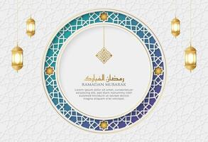 Ramadan kareem wit en blauw luxe Islamitisch achtergrond met decoratief ornament kader en lantaarns vector