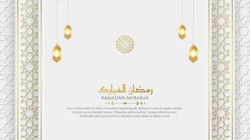 Ramadan kareem Arabisch elegant wit en gouden luxe Islamitisch sier- achtergrond met Islamitisch grens en decoratief hangende lantaarn ornament vector