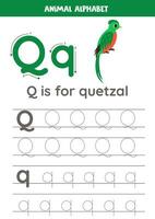 traceren alfabet brieven voor kinderen. dier alfabet. q is voor quetzal. vector