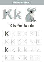 traceren alfabet brieven voor kinderen. dier alfabet. k is voor koala. vector