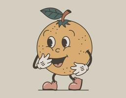 grappig groovy retro karakter glimlachen oranje. vector geïsoleerd grappig fruit, oud tekenfilm stijl.