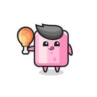 marshmallow schattige mascotte eet een gebraden kip vector