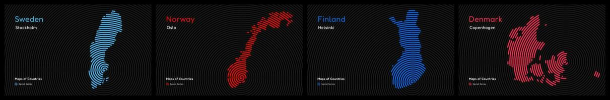 creatief kaarten van scandiviaans landen. Zweden, Noorwegen, Finland, Denemarken. wereld landen vector kaarten serie. spiraal vingerafdruk serie