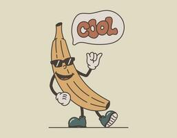 grappig groovy retro fruit karakter. koel glimlachen banaan in zonnebril, vector geïsoleerd illustratie, oud tekenfilm stijl.