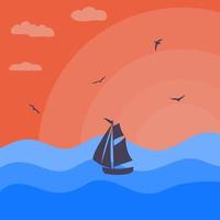 zee zonsondergang met boot silhouet vector
