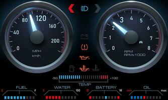 auto dashboard snelheidsmeter, toerenteller, digitale led-indicatoren voor brandstof en motortemperatuur. realistische vectorelementen van het instrumentenpaneel van het autodashboard. vector