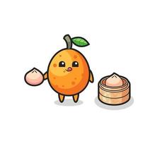 schattig kumquat-personage dat gestoomde broodjes eet vector