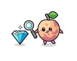 pluot fruit-mascotte controleert de echtheid van een diamant vector