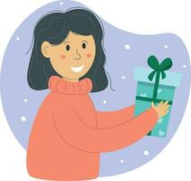 vrouw Holding geschenk doos met boog, feestelijk winter illustratie vector