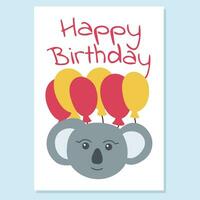 illustratie met koala en ballen. verjaardag groet kaart. tekening stijl. gelukkig verjaardag tekst. vector illustratie