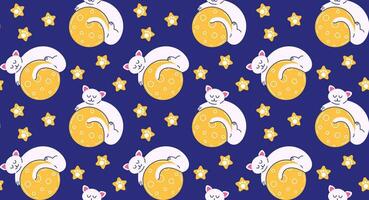 kleurrijk patroon met schattig katten in ruimte. vector naadloos achtergrond met kat karakter Aan de maan in vlak tekenfilm stijl.