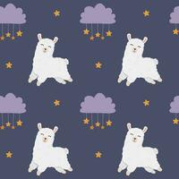 naadloos patroon met slapen alpaca, wolken en sterren in de lucht. achtergrond voor omhulsel papier, textiel, affiches, kinderkamer decoratie. schattig lama vector