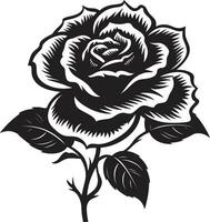simplistisch bloesem uitmuntendheid emblematisch roos icoon in zwart icoon van bloemblaadjes majesteit in zwart en wit bloemen embleem vector