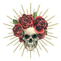 menselijk schedel met rood bloemen roos in een gouden kroon met doornen, stralen. hand- getrokken waterverf illustratie voor dag van de dood, halloween, dia de los muertos. geïsoleerd voorwerp Aan een wit achtergrond vector