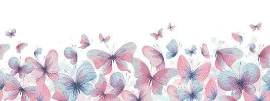 vlinders zijn roze, blauw, lila, vliegen, delicaat met Vleugels en spatten van verf. hand- getrokken waterverf illustratie. naadloos grens Aan een wit achtergrond, voor ontwerp. vector