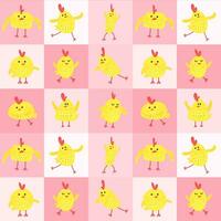 naadloos patroon met schattig geel kippen in verschillend poseert, dansen kippen, Pasen karakter, roze achtergrond. vector