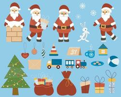 de kerstman claus, geschenken, Kerstmis boom, konijn en baby speelgoed reeks vector