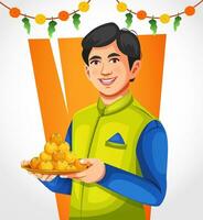 Indisch jongen in traditioneel etnisch kleren vieren diwali, Holding een bord vol van laddu vector