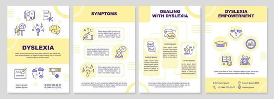 2d dyslexie geel brochure sjabloon, brochure ontwerp met dun lijn pictogrammen, 4 vector lay-outs.