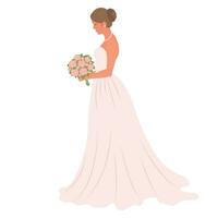 bruid in een bruiloft jurk met een boeket van bloemen Aan een wit achtergrond. luxe bruiloft illustratie, sjabloon voor uitnodiging, vector