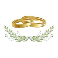 goud bruiloft ringen in een krans van eucalyptus bladeren. bruiloft clip art, logo voor uitnodiging. vector