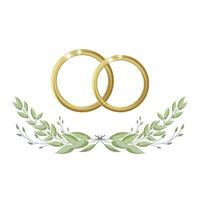 goud bruiloft ringen in een krans van eucalyptus bladeren. bruiloft clip art, logo voor uitnodiging. vector