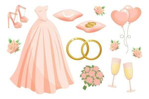 bruiloft reeks van kleren en accessoires voor de bruid, bruiloft jurk, ringen, ketting, schoenen, bril van Champagne, bruids boeket, ballonnen. ontwerp elementen, vector