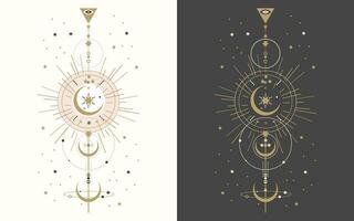 reeks van esoterisch mystiek posters met geestelijk symbolen, maan, zon, sterren. Sjablonen Aan licht en donker achtergronden, boho stijl. vector