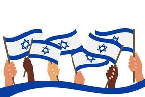 veel handen van verschillend races met Israëlisch vlaggen. Israël onafhankelijkheid dag. illustratie, vector