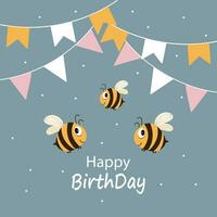 schattig tekenfilm bijen en feestelijk slingers met vlaggen. tekenfilm kinderen afdrukken, gelukkig verjaardag kaart. vector