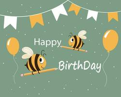 schattig tekenfilm bijen en feestelijk slingers met vlaggen. tekenfilm kinderen afdrukken, gelukkig verjaardag kaart. vector