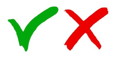 hand- getrokken van groen controleren Mark en rood kruis geïsoleerd. Rechtsaf en mis icoon. vector illustratie.