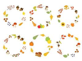 verzameling van vector herfst kaders met bladeren, bessen, champignons en hand- getrokken schoonschrift belettering. vallen decoraties set. voor kaarten, geschenk labels, etiketten, stickers.