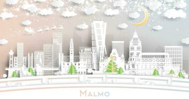 Malmö Zweden. winter stad horizon in papier besnoeiing stijl met sneeuwvlokken, maan en neon guirlande. kerstmis, nieuw jaar concept. Malmö stadsgezicht met oriëntatiepunten. vector