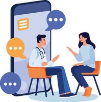hand- getrokken dokter en geduldig tekens met smartphone in online geneeskunde concept in vlak stijl vector