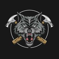 wolf mascotte met kruis hamer illustratie vector