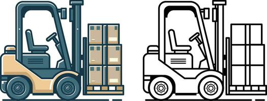 heftruck met dozen Aan pallet vlak stijl vector illustratie, industrieel vrachtwagen, optillen vrachtwagen, klein busje, Hoi kijk, vork vrachtwagen, vork hijsen, en heftruck vrachtauto voorraad vector beeld