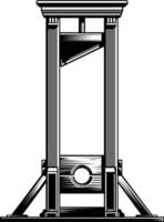 oude guillotine zwart en wit vector illustratie, historisch exposeren uitvoering machine, machine voor onthoofden door middelen van een zwaar blad voorraad vector beeld