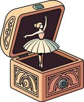 ballerina danser figuur in een muziek- doos voorraad vector afbeelding, klassiek houten muziek- doos met ingewikkeld houtsnijwerk, een kronkelend sleutel Aan de kant, en een dansen ballerina figuur Aan top voorraad vector beeld