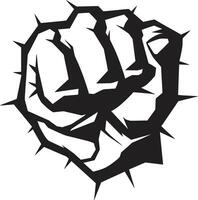 episch zwart logo tekenfilm ponsen vuist door gebarsten muur vector stempel vuist breken door de muur icoon