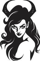 mystiek verleiden onthuld zwart logo met aanlokkelijk demon donker verleiding vector icoon van zondig demon