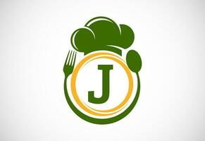 eerste alfabet j met chef hoed, lepel en vork. modern vector logo voor cafe, restaurant, Koken bedrijf, en bedrijf identiteit