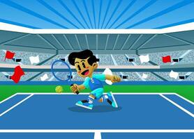 gelukkig jongen atleet spelen tennis tekenfilm vector