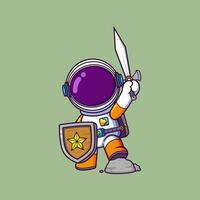 schattig astronaut krijger Holding zwaard en schild tekenfilm karakter vector