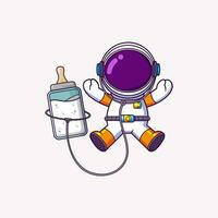 schattig astronaut vliegend met baby fles melk. wetenschap technologie icoon concept vector