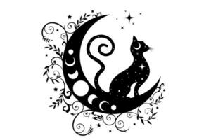 mystiek zwart kat over- hemel- halve maan maan en maan fasen, hekserij symbool, witchy esoterisch logo tatoeëren. vector esoterisch wicca clip art in boho stijl geïsoleerd Aan wit achtergrond