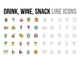 drank, wijn, tussendoortje, voedsel restaurant menu vector helder gekleurde dun lijn icoon verzameling